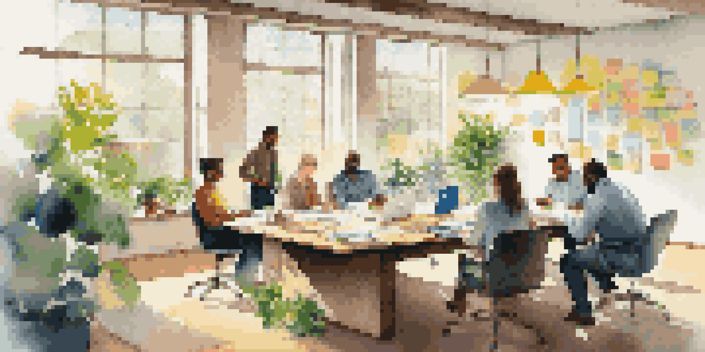 A diverse group of professionals collaborating in a bright office filled with natural light and plants.