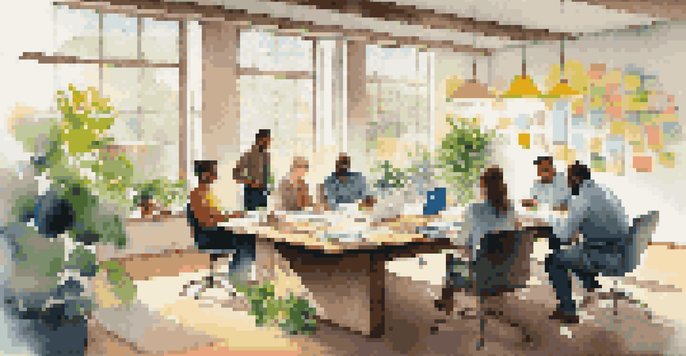 A diverse group of professionals collaborating in a bright office filled with natural light and plants.