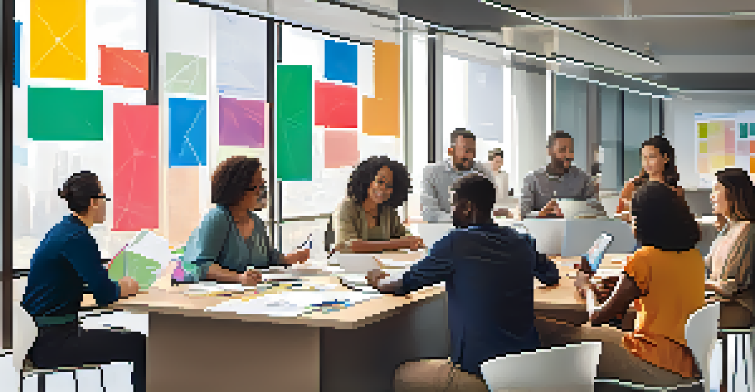 A diverse group of people participating in a career workshop around a table, with laptops, notebooks, and colorful career charts in a bright room.