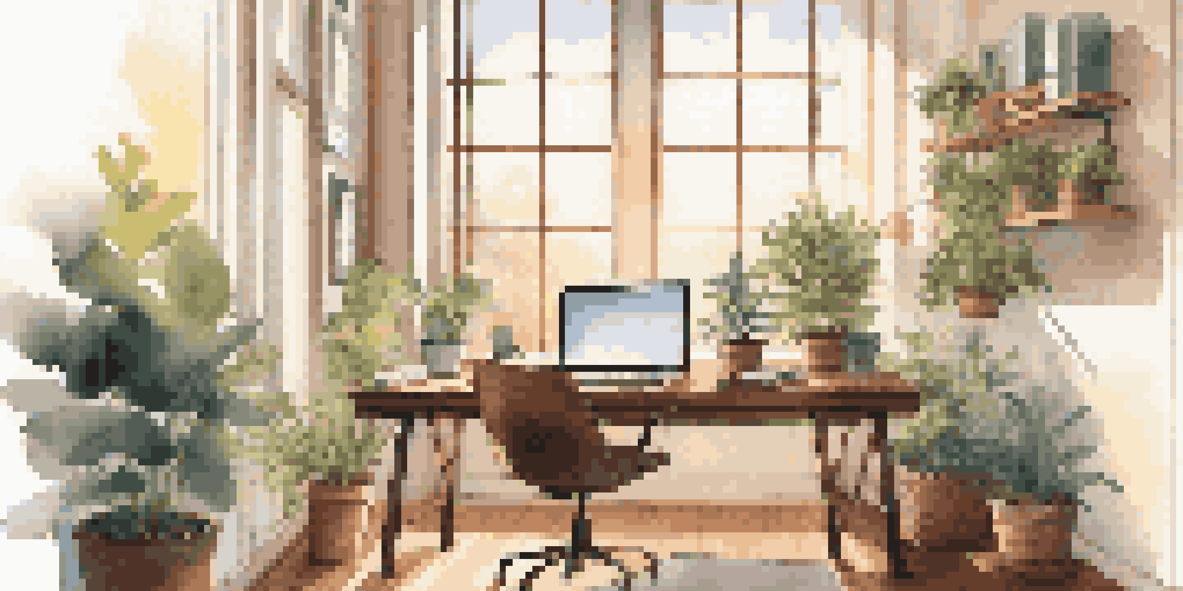 A modern office desk with a laptop, notepad, and coffee, illuminated by natural light from a window, surrounded by potted plants.