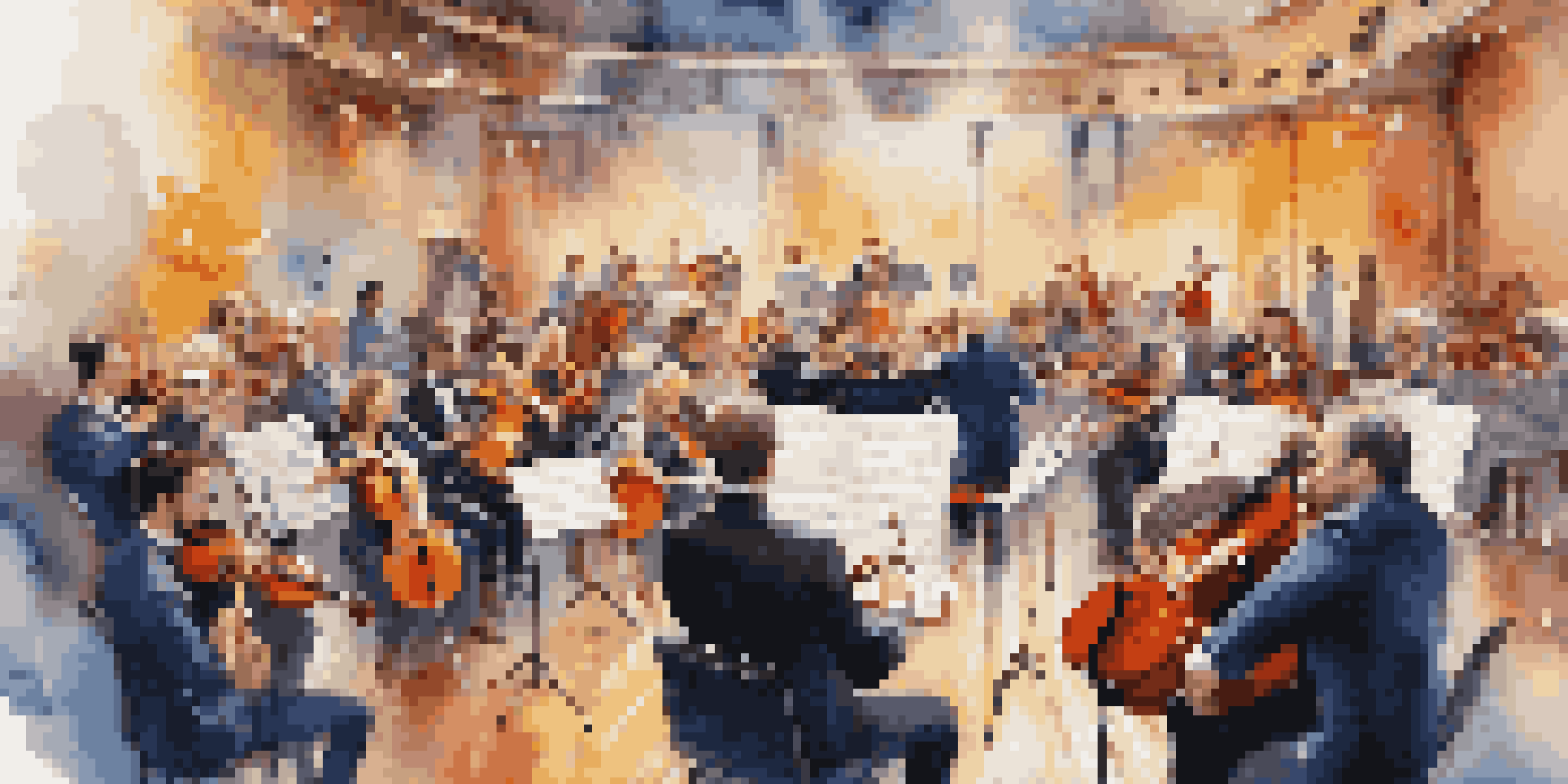 A diverse orchestra performing under a conductor, showcasing collaboration and creativity in music.
