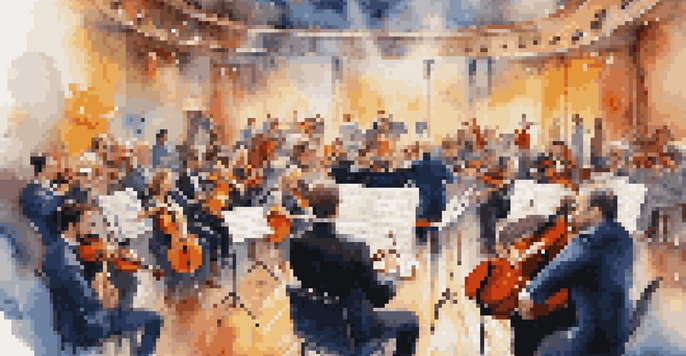 A diverse orchestra performing under a conductor, showcasing collaboration and creativity in music.