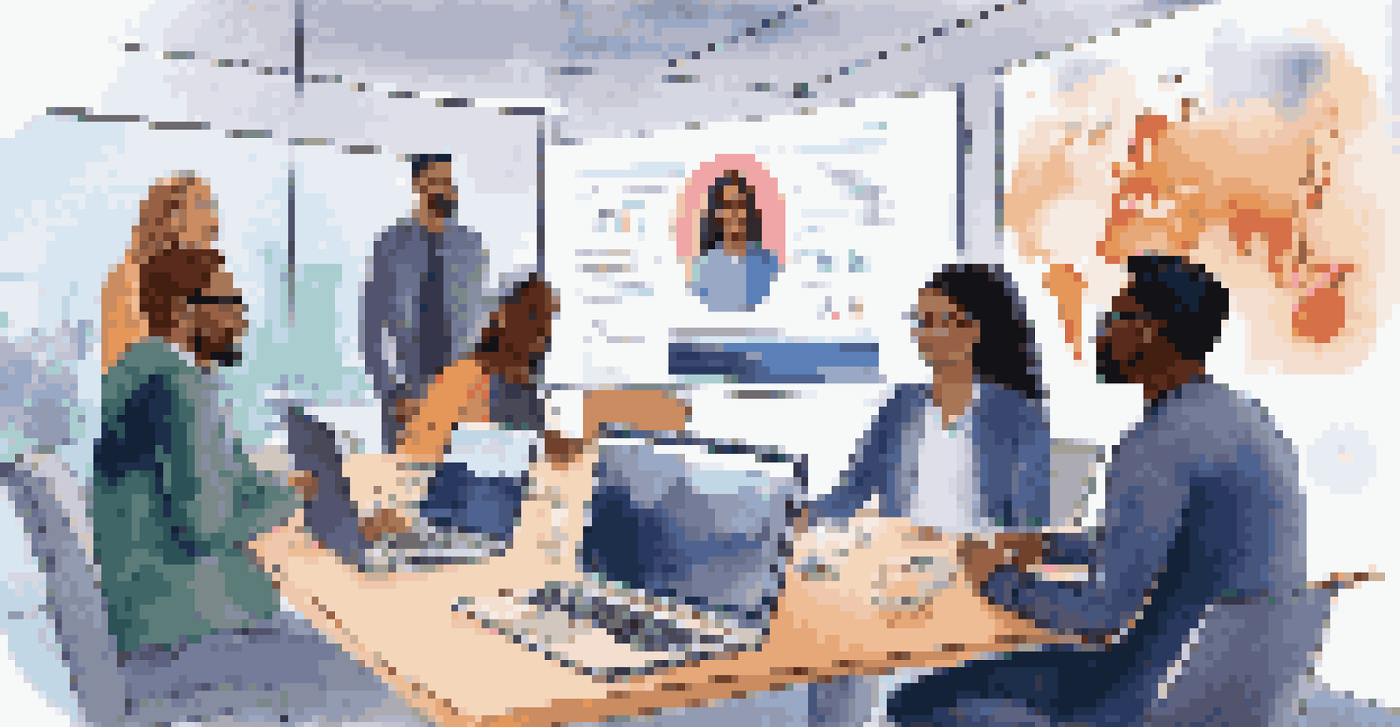 A diverse group of tech professionals participating in a virtual meeting in a conference room, using laptops and digital communication tools, surrounded by tech-themed artwork.