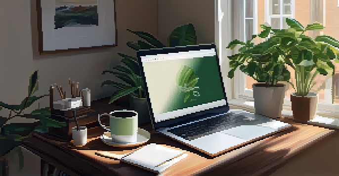 A cozy workspace with a laptop, notebooks, a coffee cup, and a potted plant, illuminated by natural light.