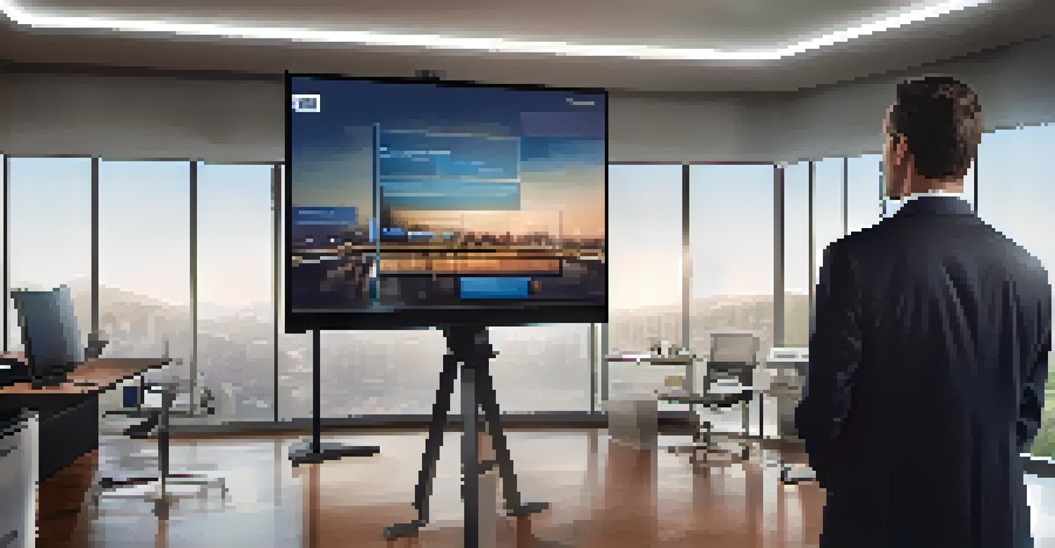 A professional presenting a digital portfolio in front of an audience, with a modern office backdrop and a large screen.