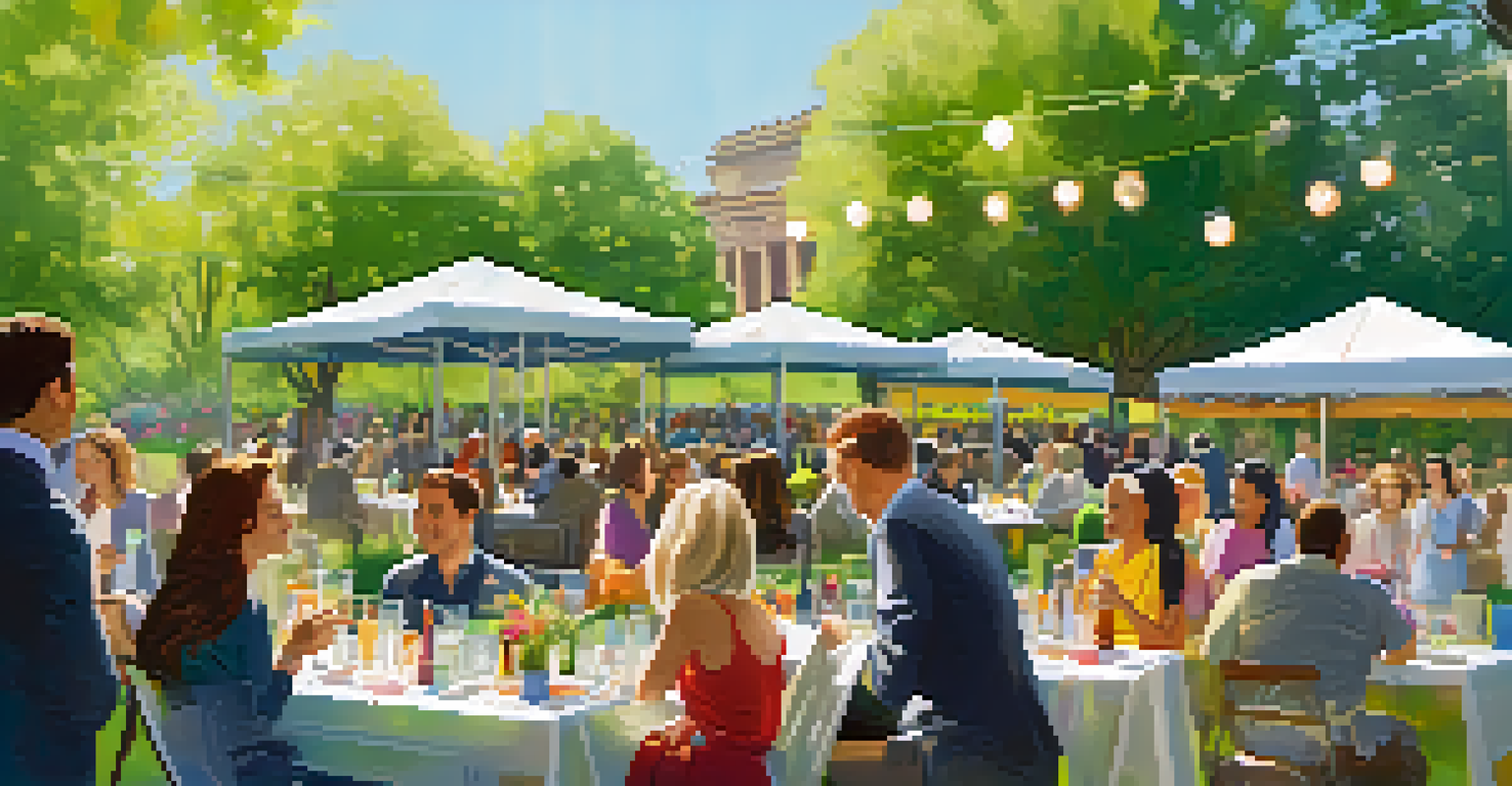 Professionals networking at an outdoor event in a sunny park surrounded by greenery.
