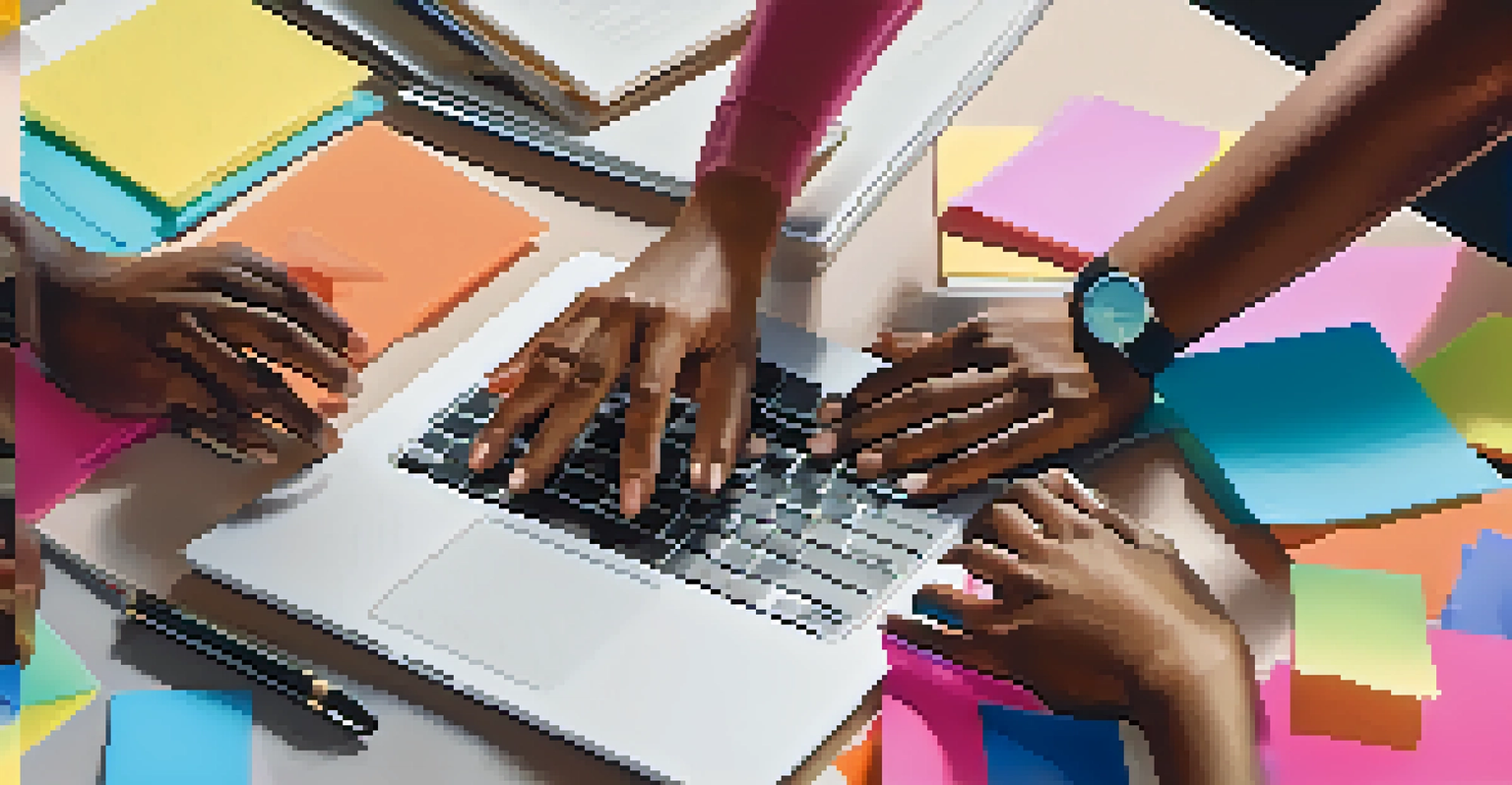 Close-up of diverse hands working together on a project, with a laptop and sticky notes in the background, showcasing collaboration.