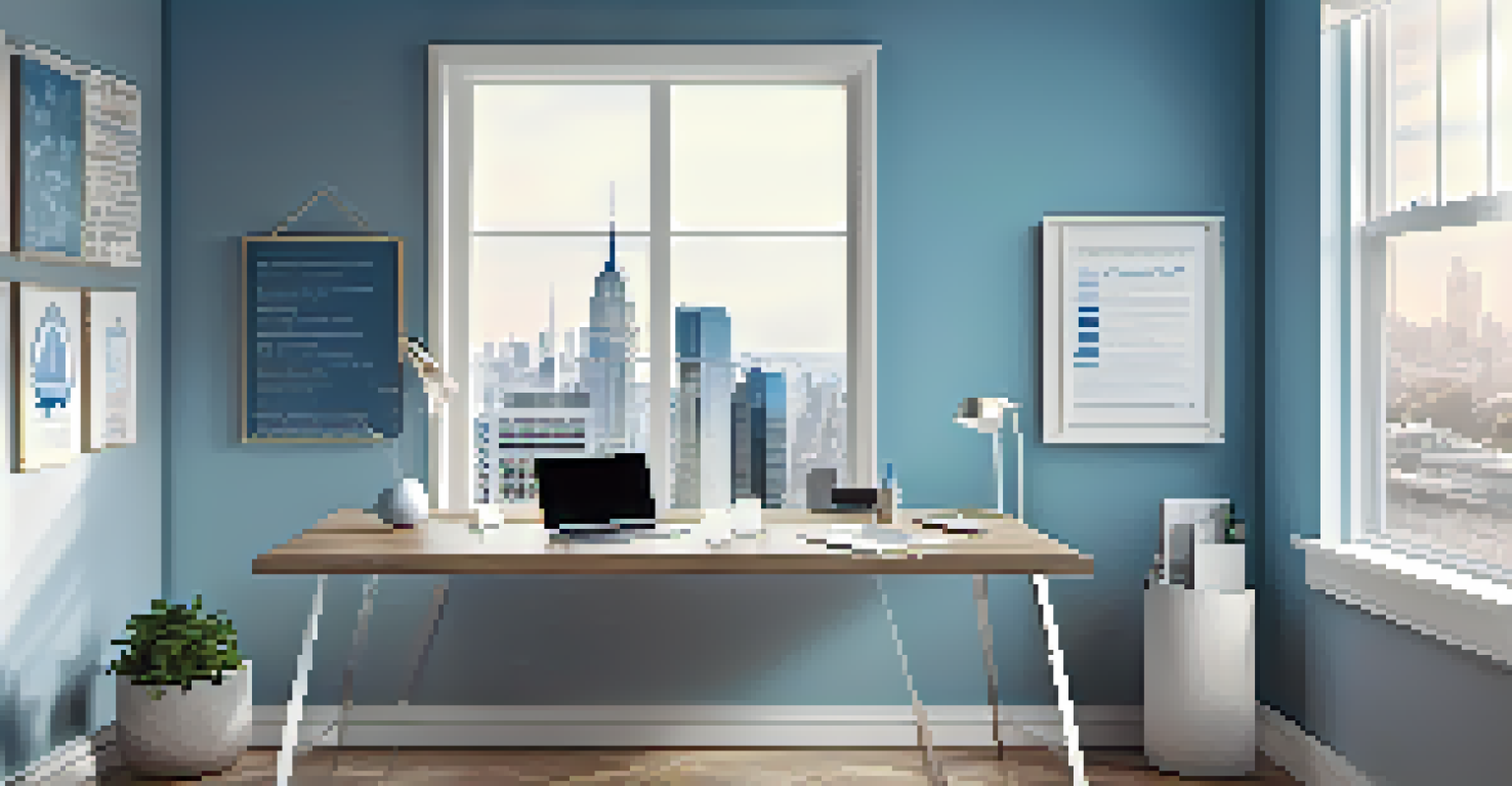 A bright office space with a laptop on a desk, motivational quotes on the wall, and a view of the city through the window.