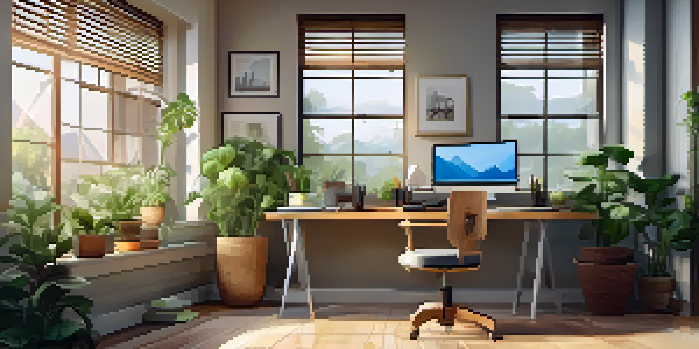 A peaceful home office with a wooden desk, laptop, houseplants, and a cup of coffee, illuminated by natural light.
