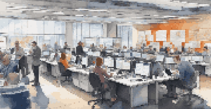 A diverse group of journalists working in a modern newsroom, surrounded by screens and bright light.