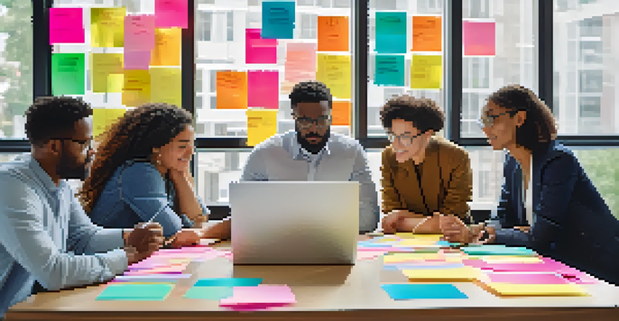 A diverse group of people in a modern office brainstorming together, surrounded by colorful notes and a laptop.