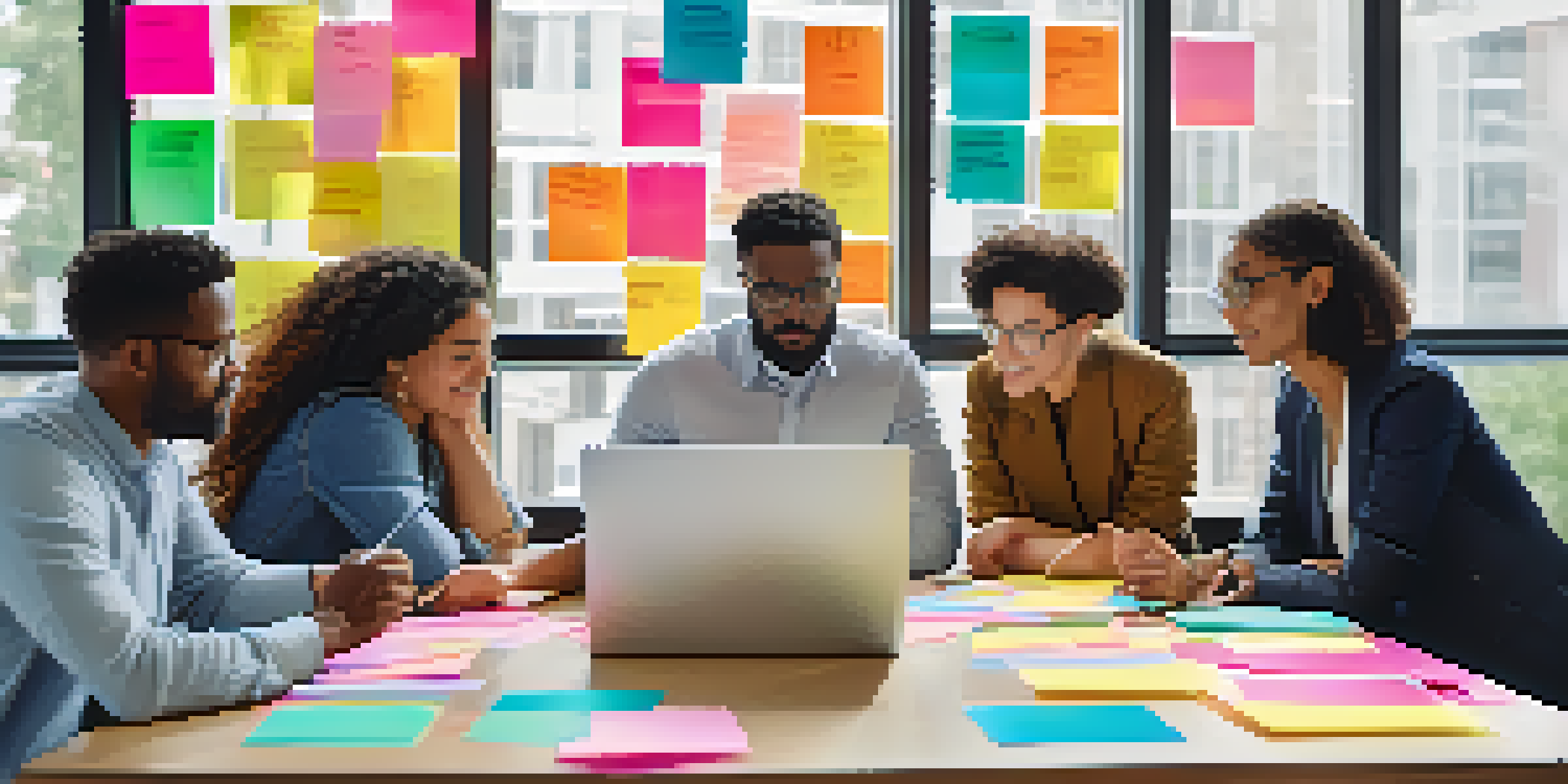 A diverse group of people in a modern office brainstorming together, surrounded by colorful notes and a laptop.