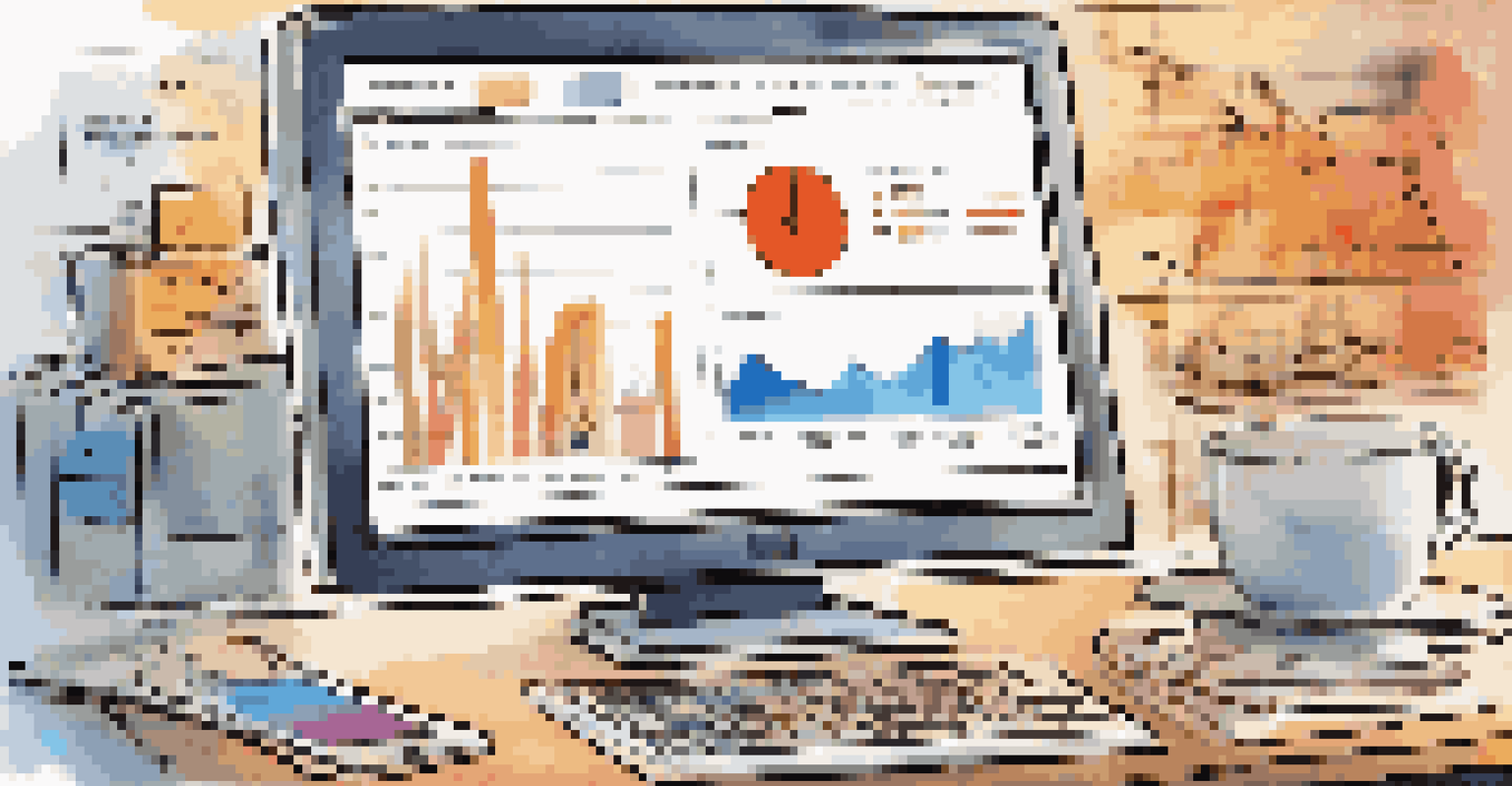 Close-up of a computer screen showing e-commerce analytics with graphs and charts, surrounded by a cozy workspace.