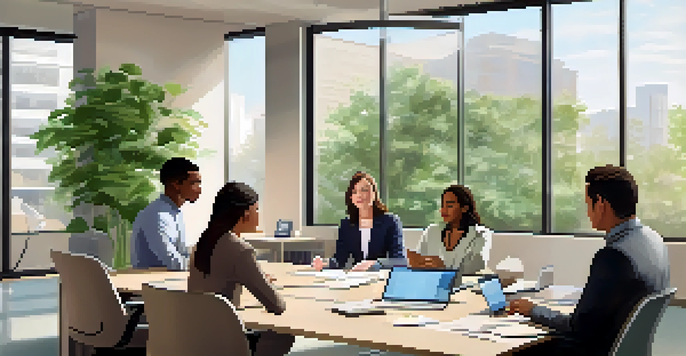 A diverse group of employees having a team discussion in a bright and modern office, with plants visible outside.
