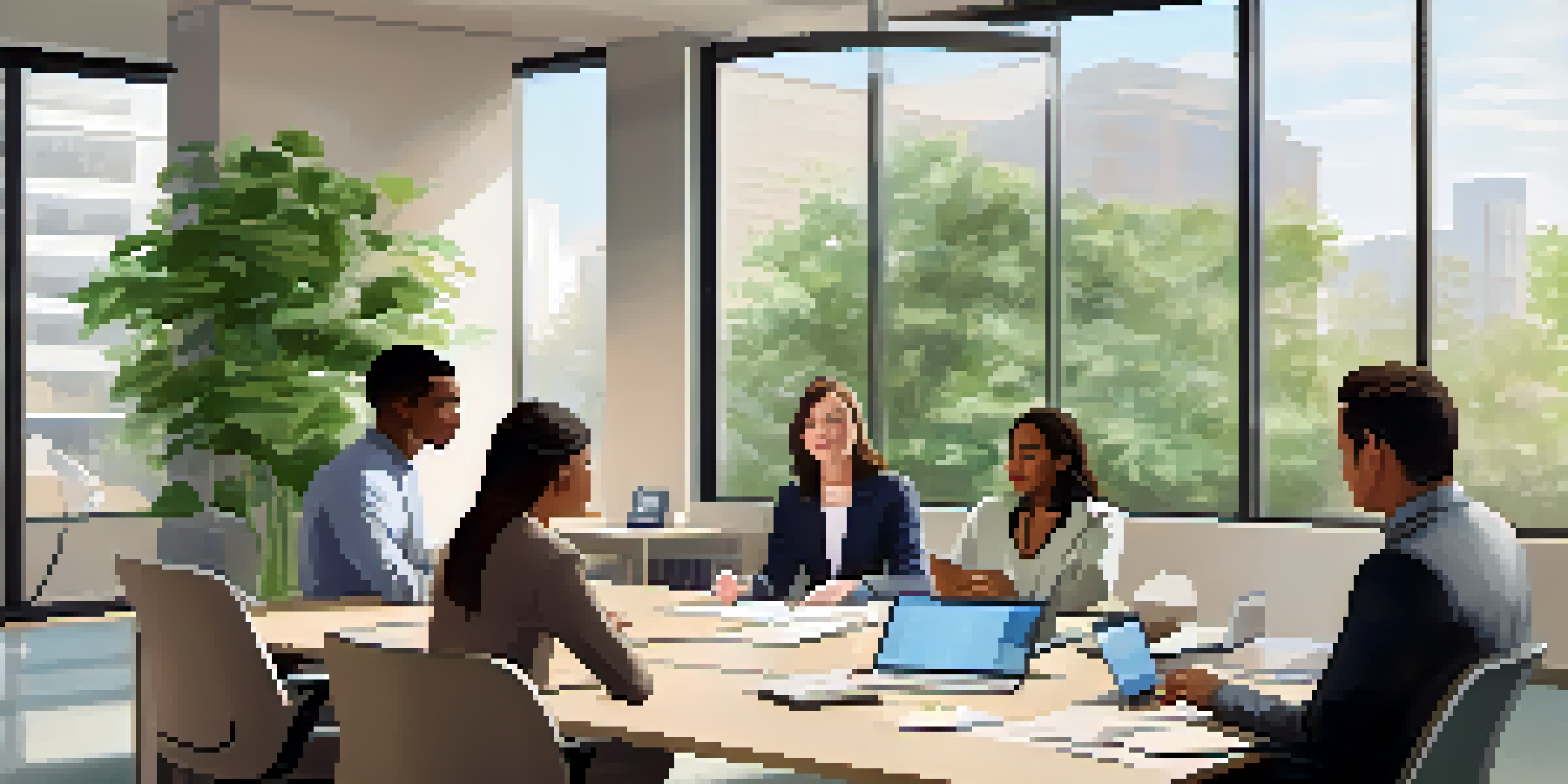 A diverse group of employees having a team discussion in a bright and modern office, with plants visible outside.