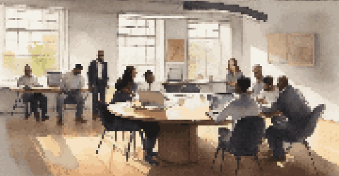 A diverse group of professionals in an office setting engaged in a discussion about feedback, surrounded by laptops and notes.