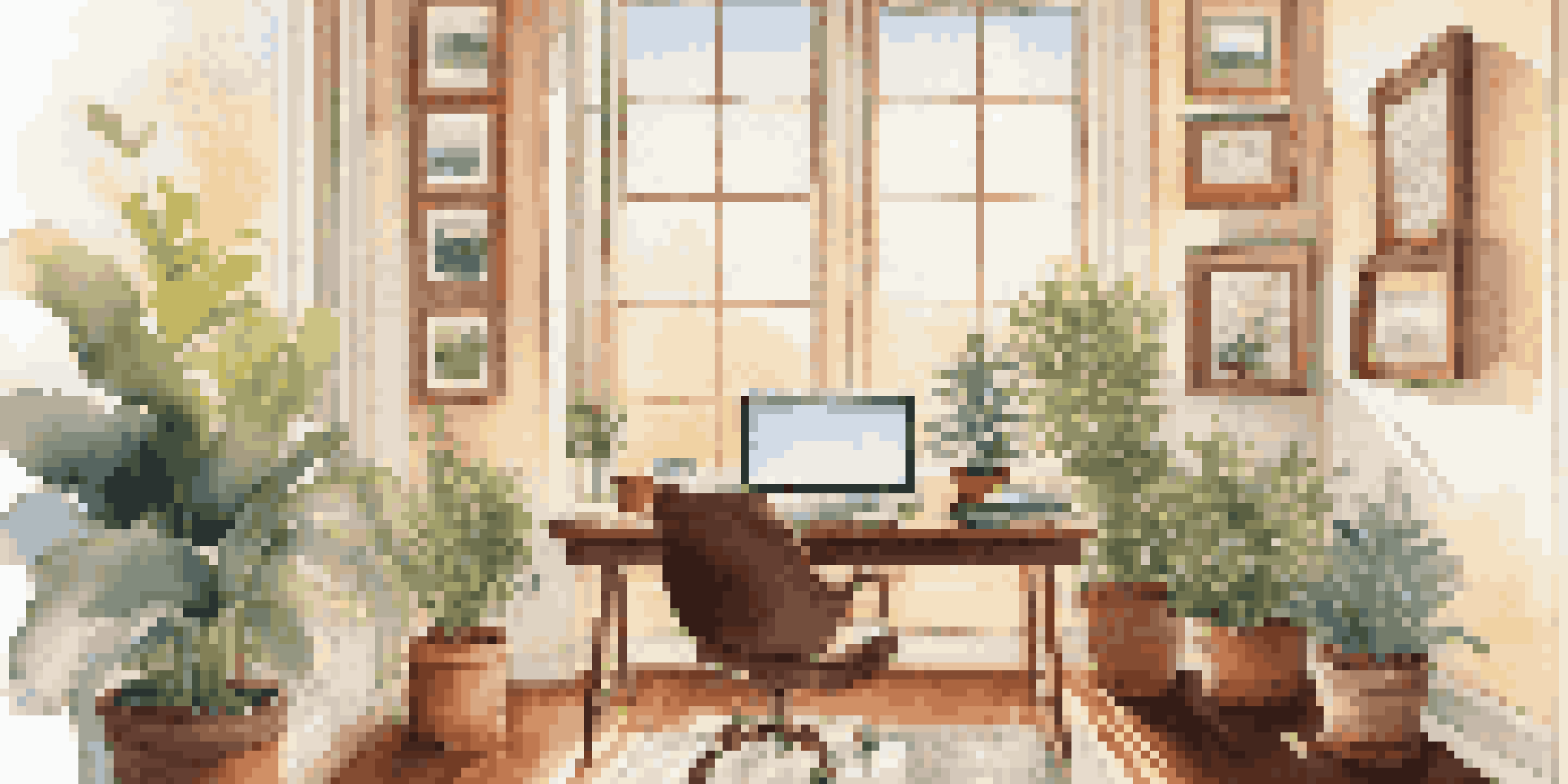 A bright and peaceful office with a gratitude journal open on the desk, surrounded by plants and warm lighting.