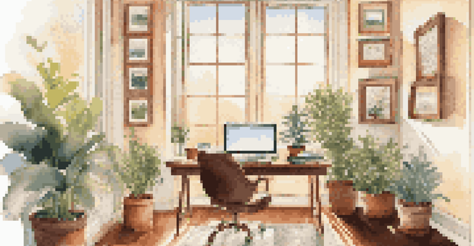 A bright and peaceful office with a gratitude journal open on the desk, surrounded by plants and warm lighting.