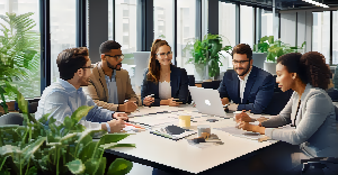 A diverse group of professionals engaged in a mentorship session in a modern office, with a mentor and mentee discussing ideas over laptops.