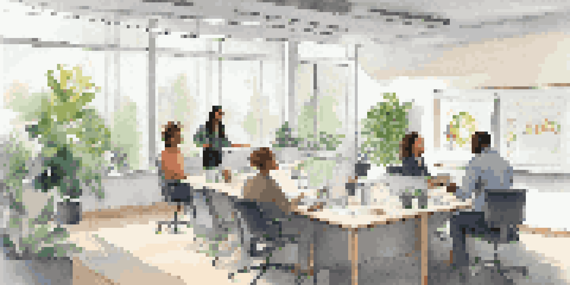 A diverse group of professionals in a bright office space engaging in a feedback session, with a woman leading at a whiteboard.