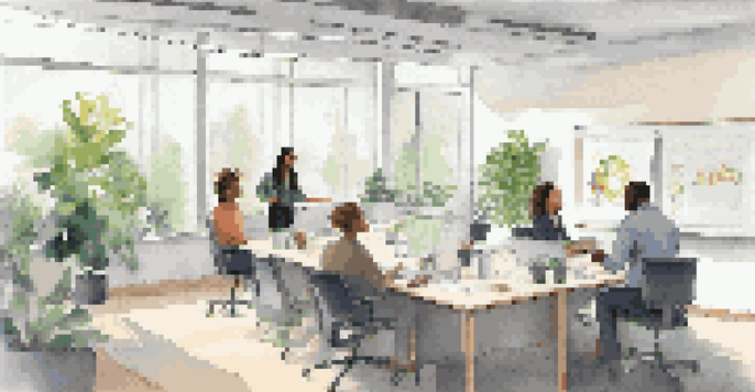 A diverse group of professionals in a bright office space engaging in a feedback session, with a woman leading at a whiteboard.