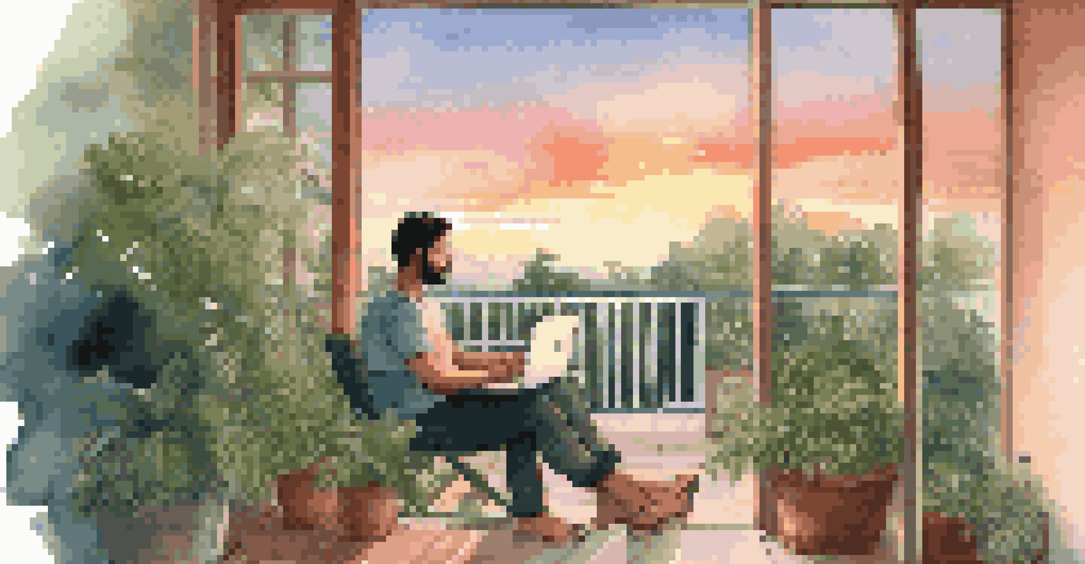 A remote worker on a balcony with a laptop, surrounded by greenery and a sunset, representing adaptability in work.