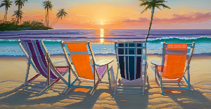 A tranquil beach at sunset with chairs and drinks, colorful sky reflected in the water.