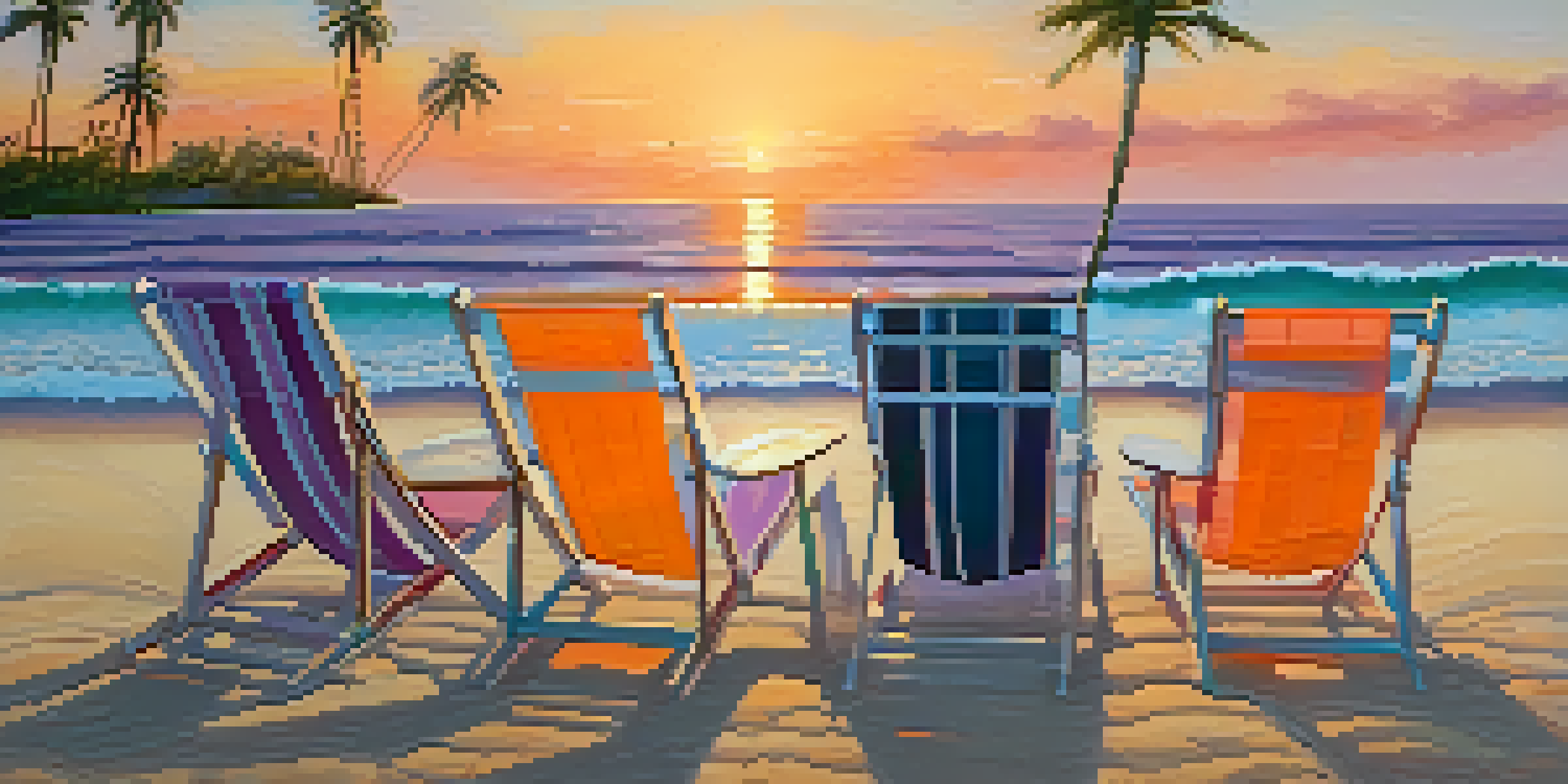A tranquil beach at sunset with chairs and drinks, colorful sky reflected in the water.