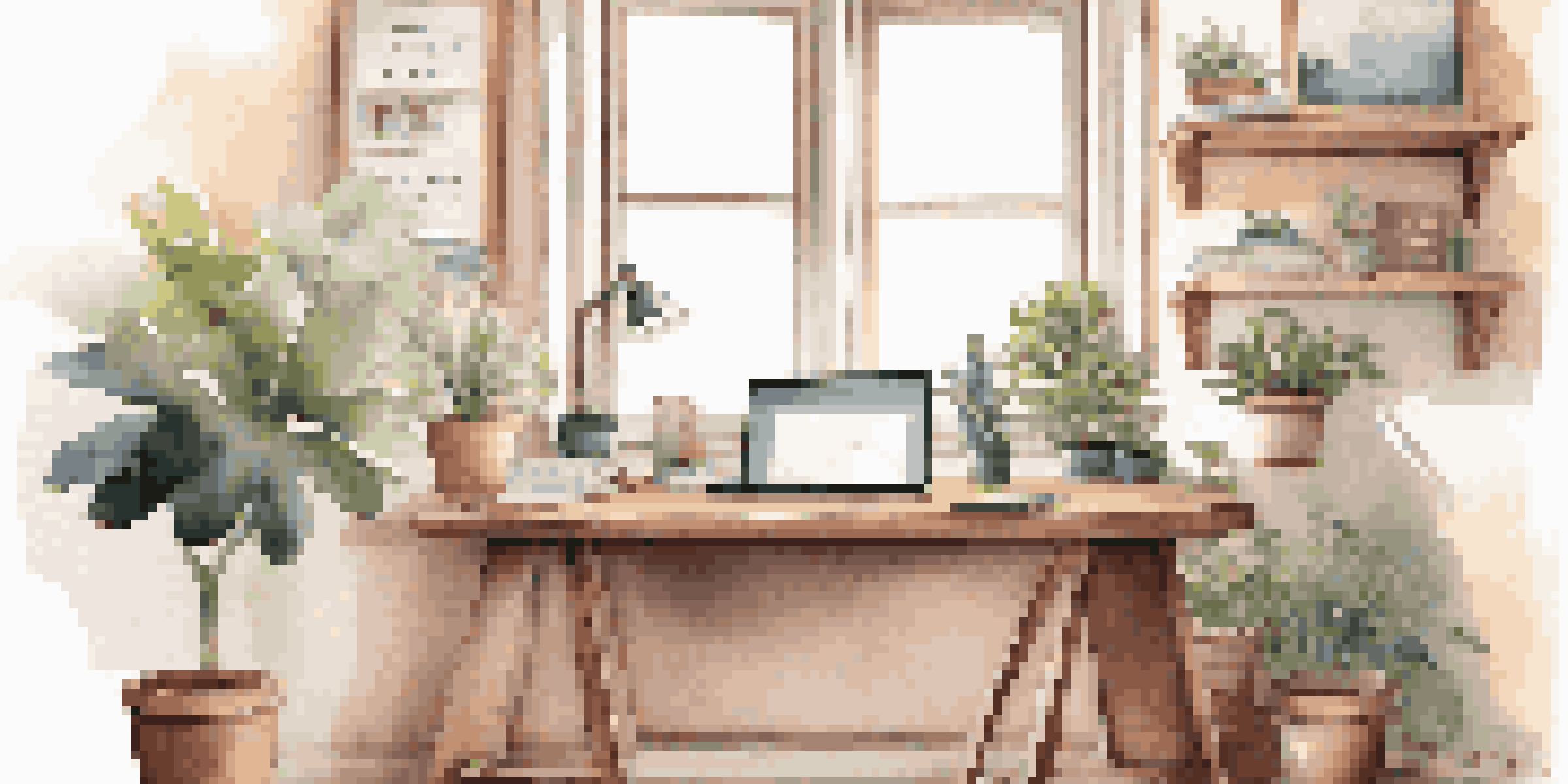 A cozy home office with a wooden desk, laptop, potted plant, and motivational quotes, bathed in soft natural light.
