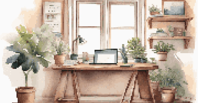 A cozy home office with a wooden desk, laptop, potted plant, and motivational quotes, bathed in soft natural light.