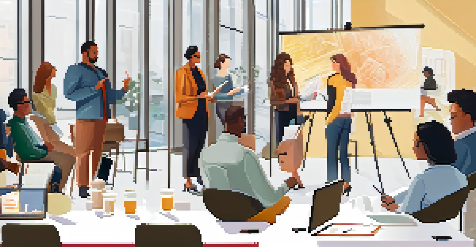 Diverse individuals networking at a career exploration workshop, with one person presenting and attendees engaged in discussion.