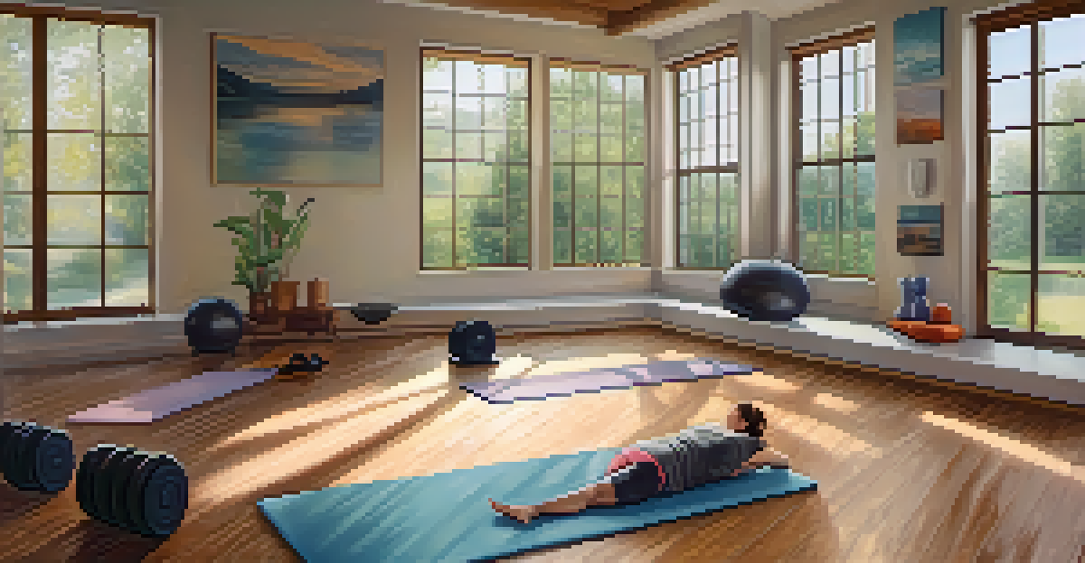 An individual practicing yoga on a mat in a bright indoor space with exercise equipment around, illuminated by natural light.