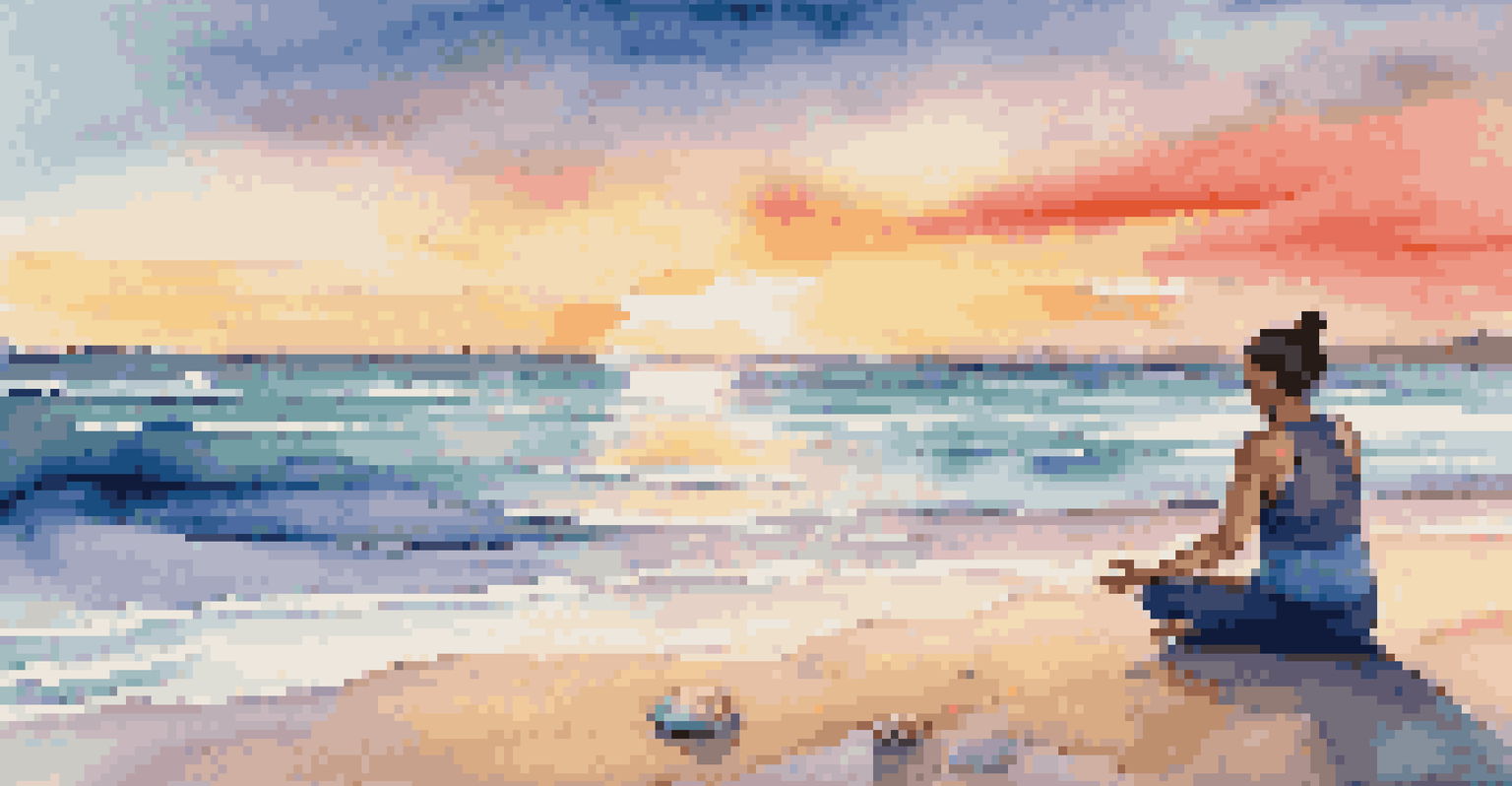 A person practicing yoga on a beach at sunset, with ocean waves and colorful seashells nearby.