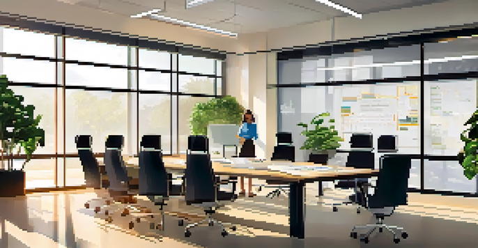 A bright modern office with diverse employees discussing around a conference table, a whiteboard showing an organizational chart, and plants in the background.