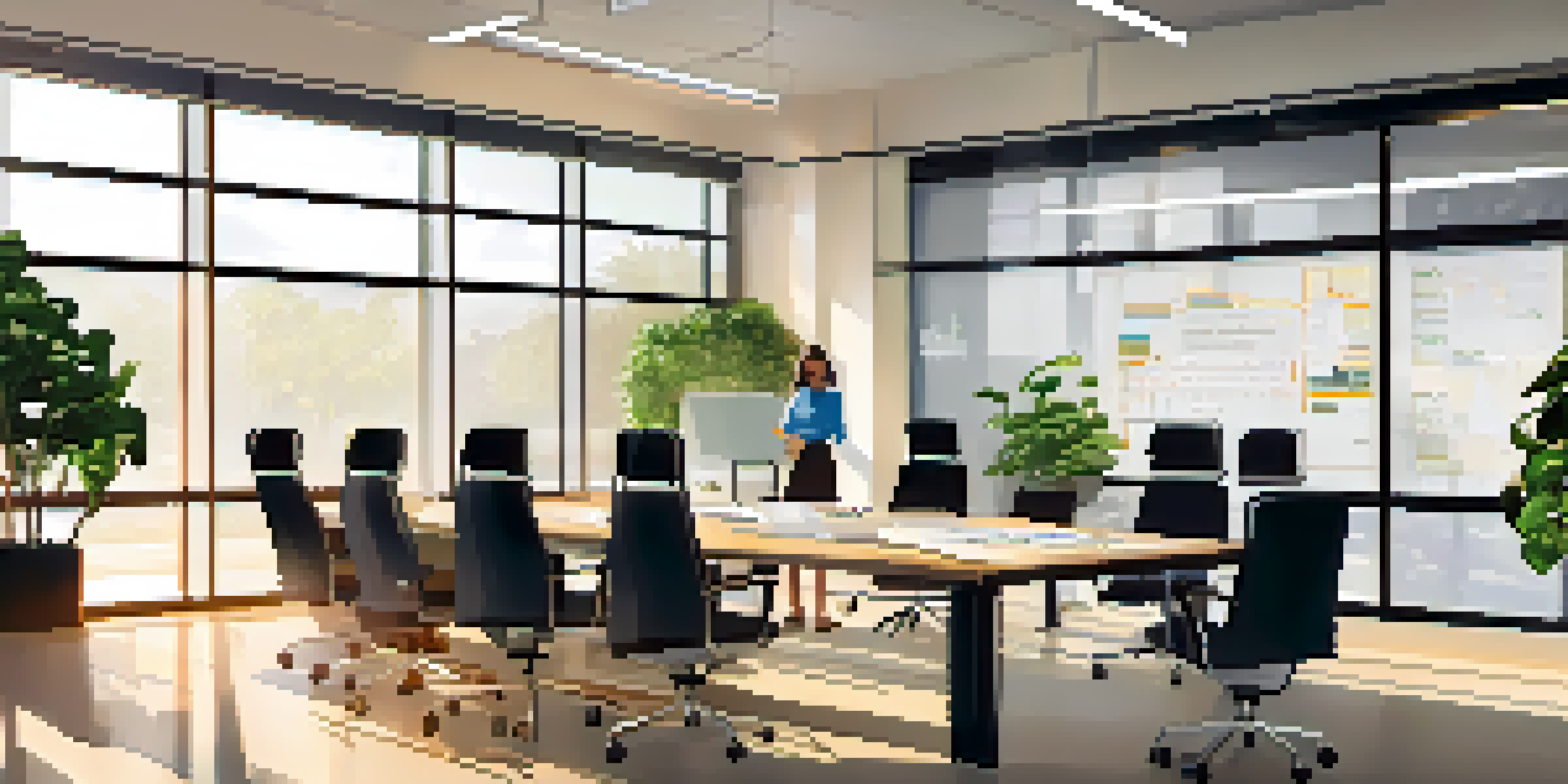 A bright modern office with diverse employees discussing around a conference table, a whiteboard showing an organizational chart, and plants in the background.