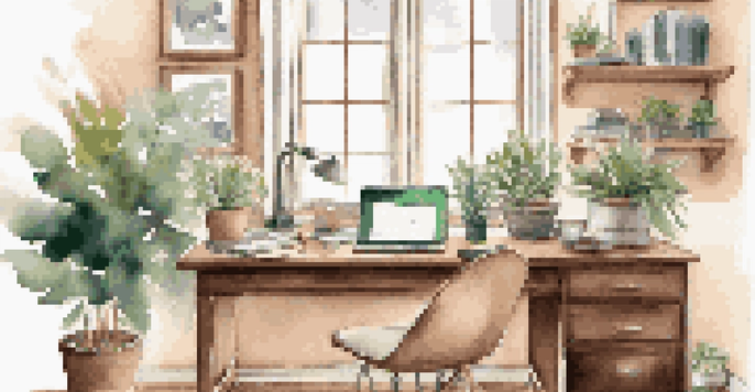 A warm and inviting home office with a wooden desk, laptop, planner, and coffee cup, illuminated by natural light.