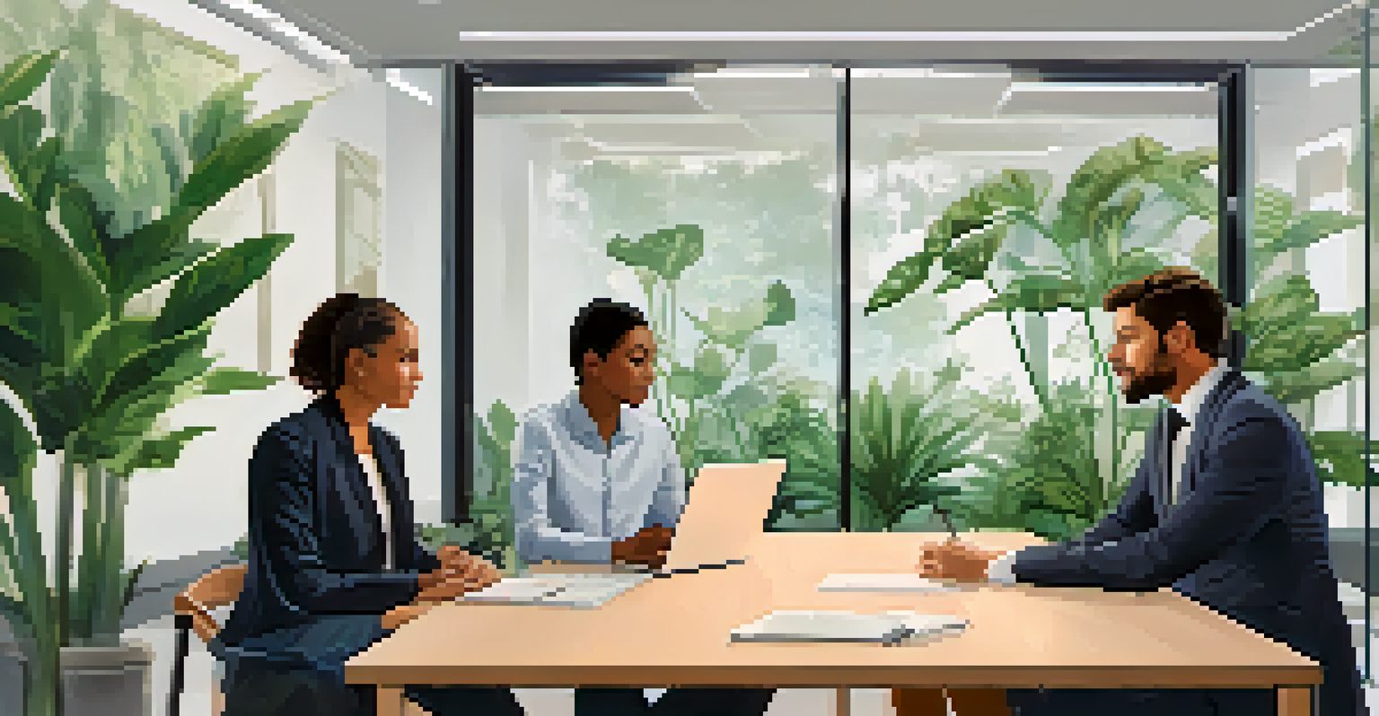 A mediator facilitating a discussion between two team members at a table in a calm office space, with plants and inspirational quotes adorning the walls.