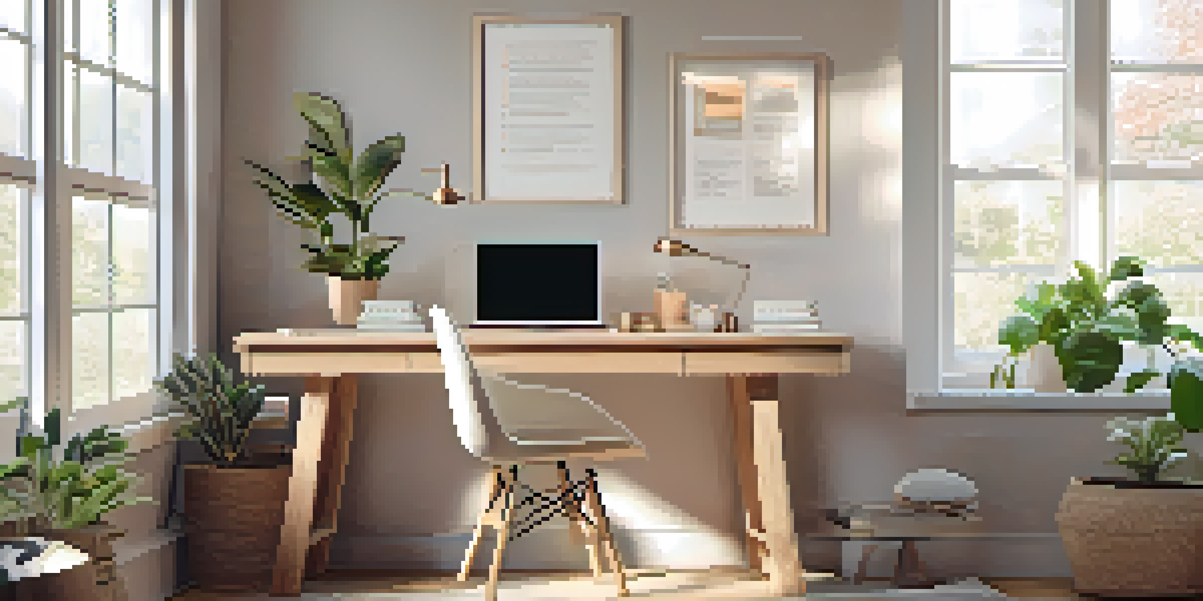 A peaceful home office scene featuring a desk with a laptop, a potted plant, and inspirational artwork on the walls, illuminated by soft natural light.