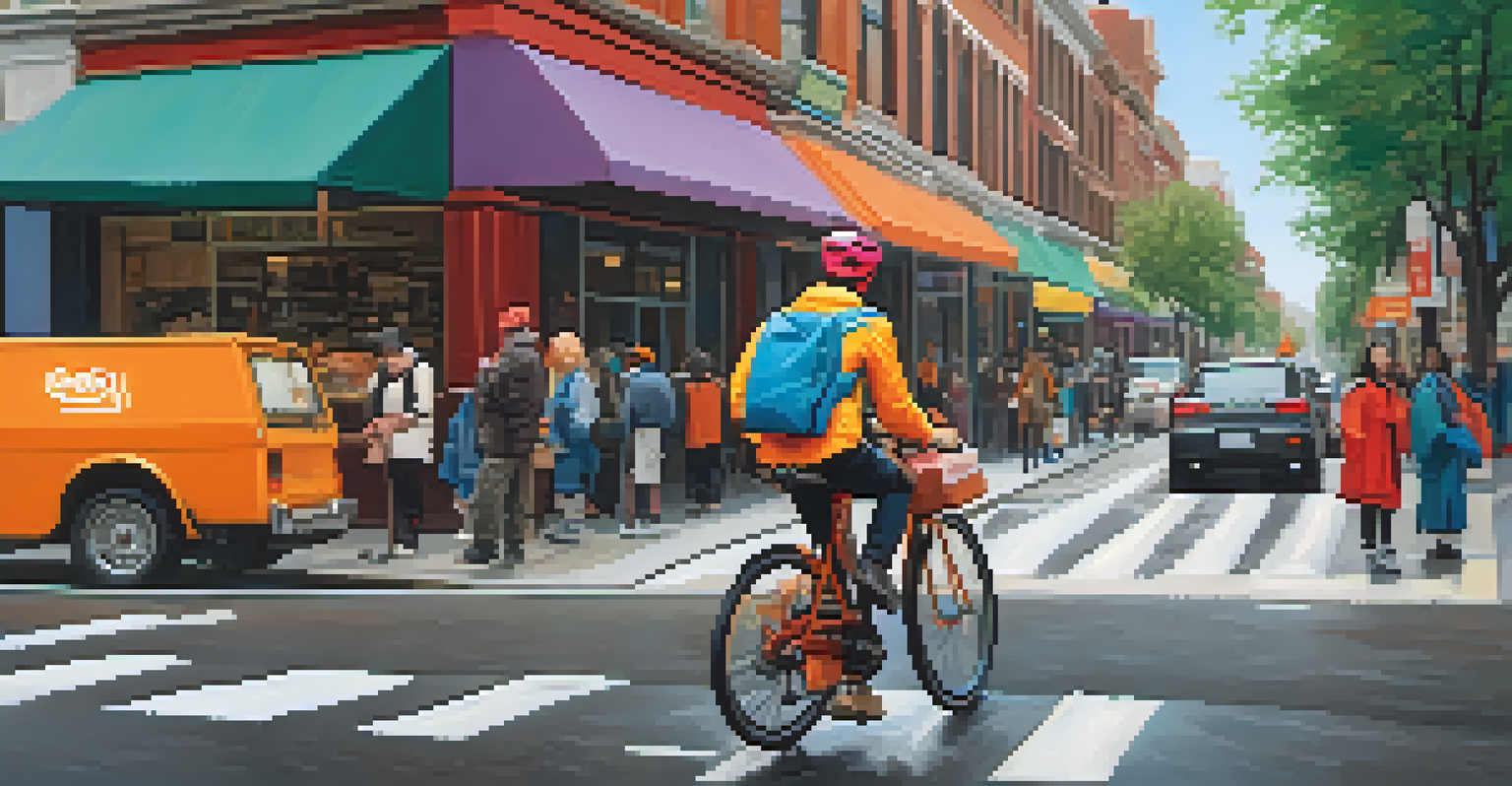 A cyclist delivering food in a busy city street, surrounded by colorful storefronts and pedestrians.