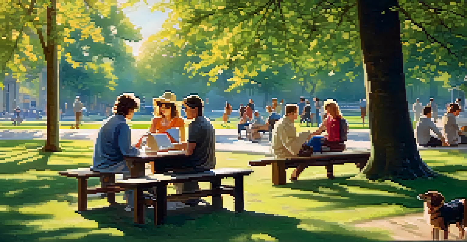 A vibrant park filled with people relaxing on benches, reading, walking dogs, and having a picnic under the sunlight.