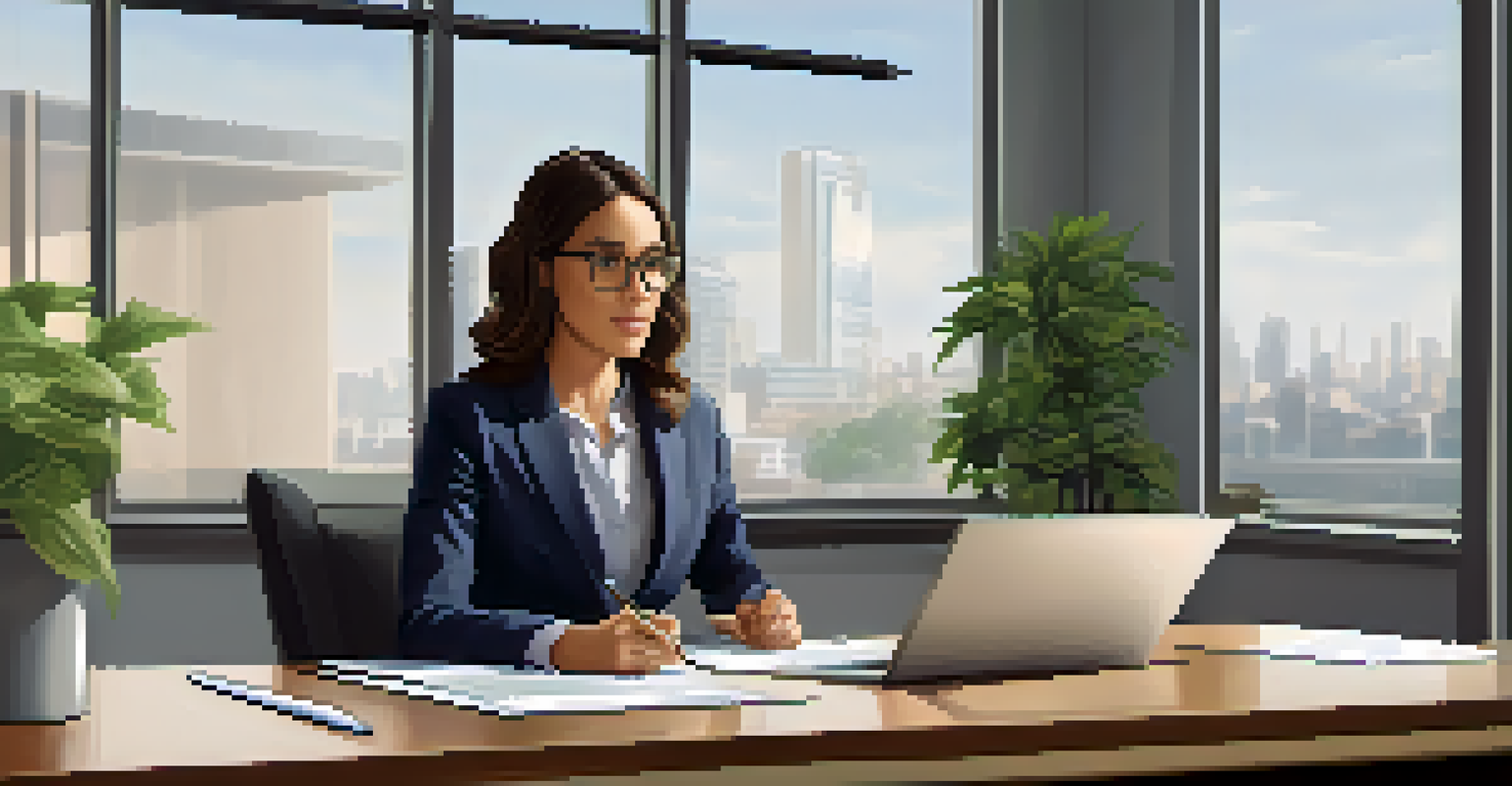 An applicant in a modern interview room, displaying confidence while a hiring manager reviews a resume in the background.