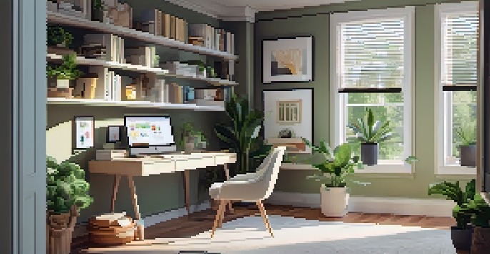 A cozy home office with a modern desk, laptop, bookshelves, and sunlight streaming through a window.