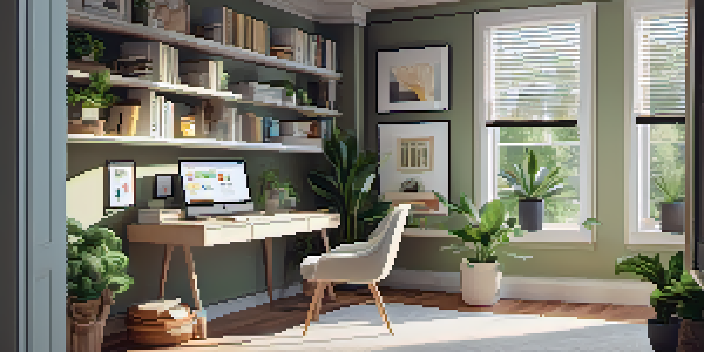 A cozy home office with a modern desk, laptop, bookshelves, and sunlight streaming through a window.