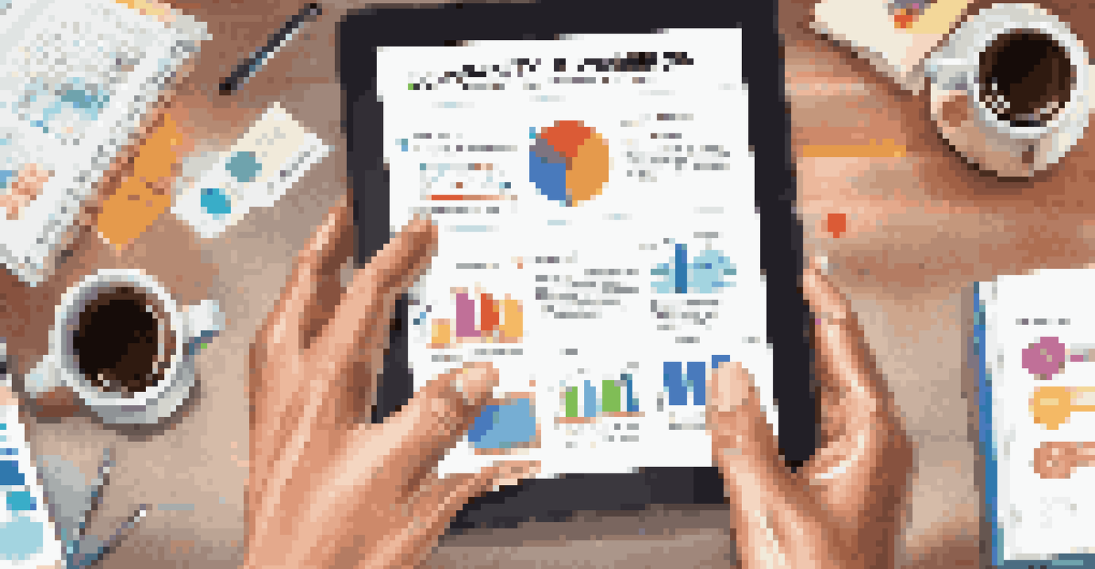 Close-up of hands holding a tablet with an infographic about a company's vision, surrounded by coffee cups.