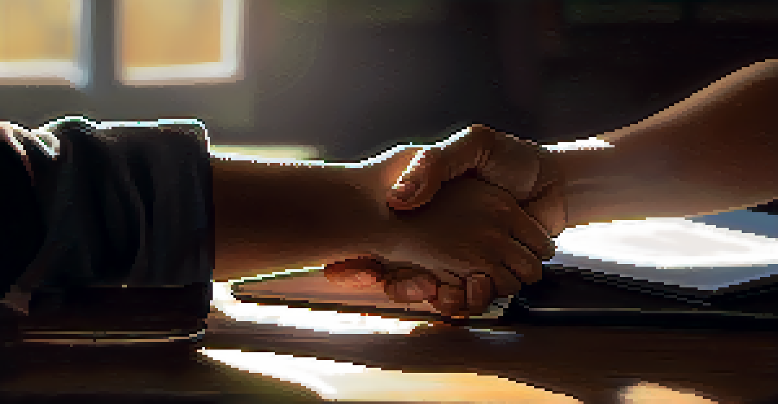 A close-up of a handshake between a mentor and mentee, with a notebook and sunlight in the background.
