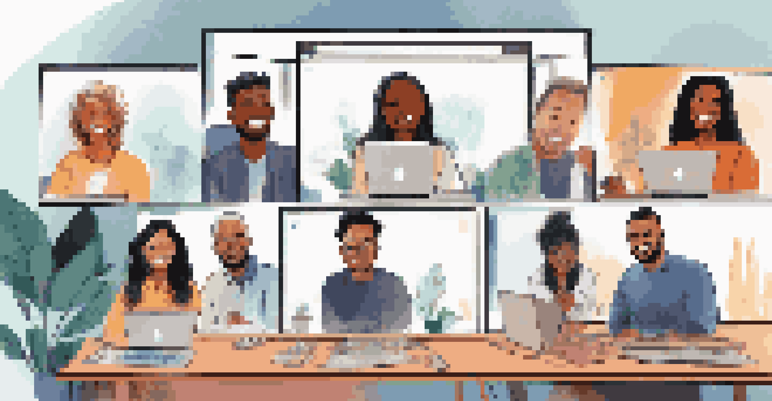 A diverse group of people on a video call, smiling and collaborating from their home offices.