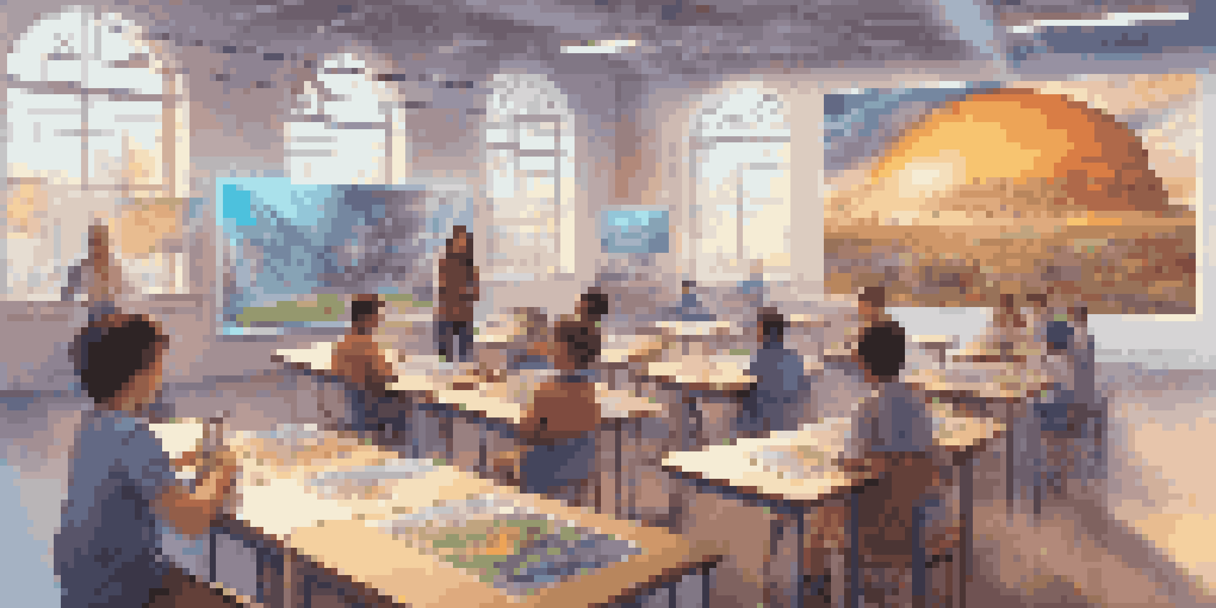 A modern classroom where students are wearing augmented reality glasses, interacting with holographic images of historical events.