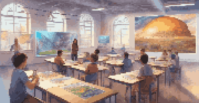 A modern classroom where students are wearing augmented reality glasses, interacting with holographic images of historical events.