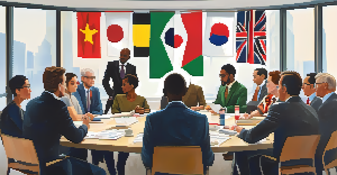 A group of diverse professionals discussing around a conference table, with flags from different countries in the background.
