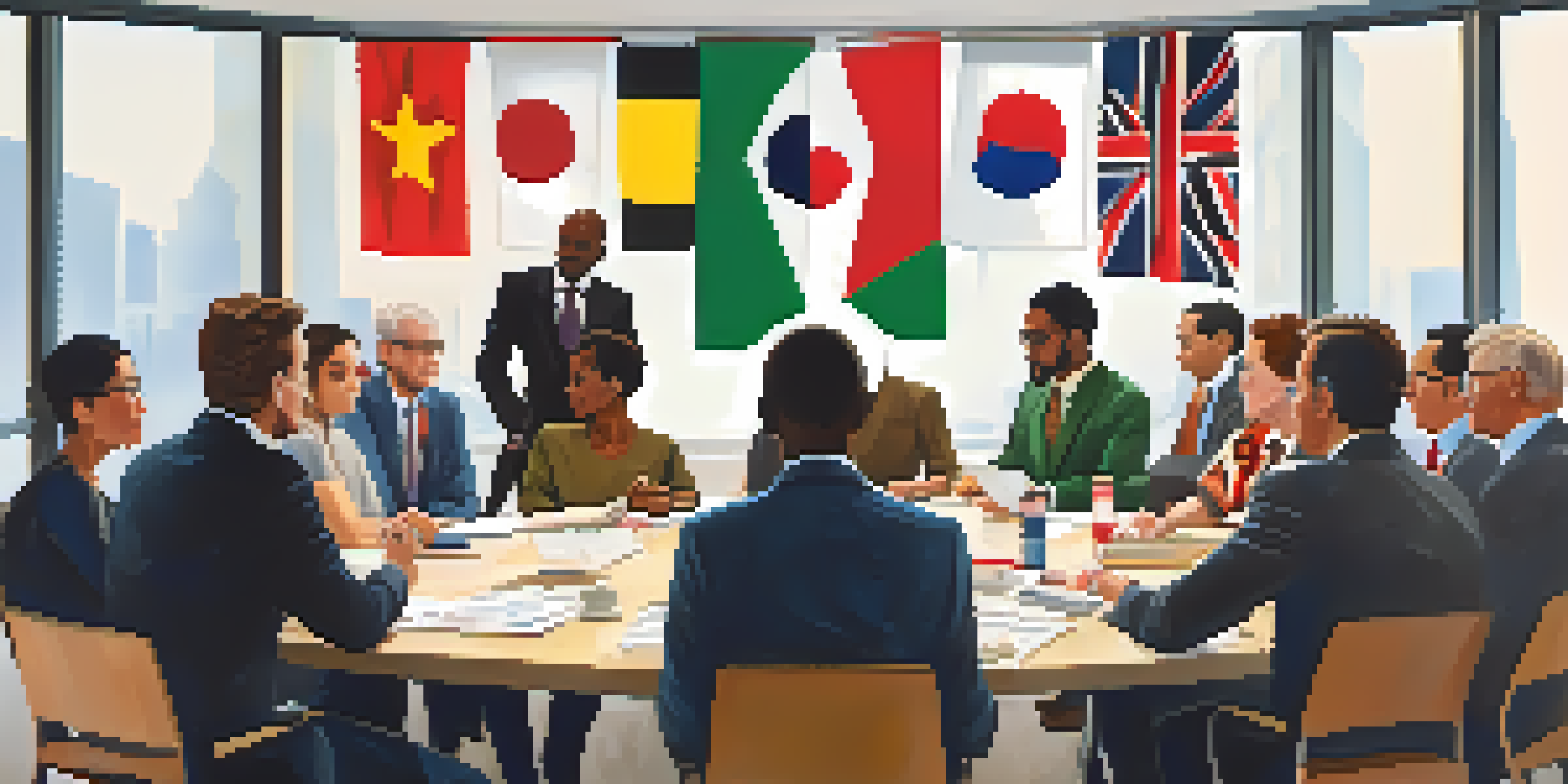 A group of diverse professionals discussing around a conference table, with flags from different countries in the background.